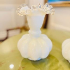 Vintage Fenton Silver Crest Melon Ball Vase White Floral Vase Clear Ruffle Edge